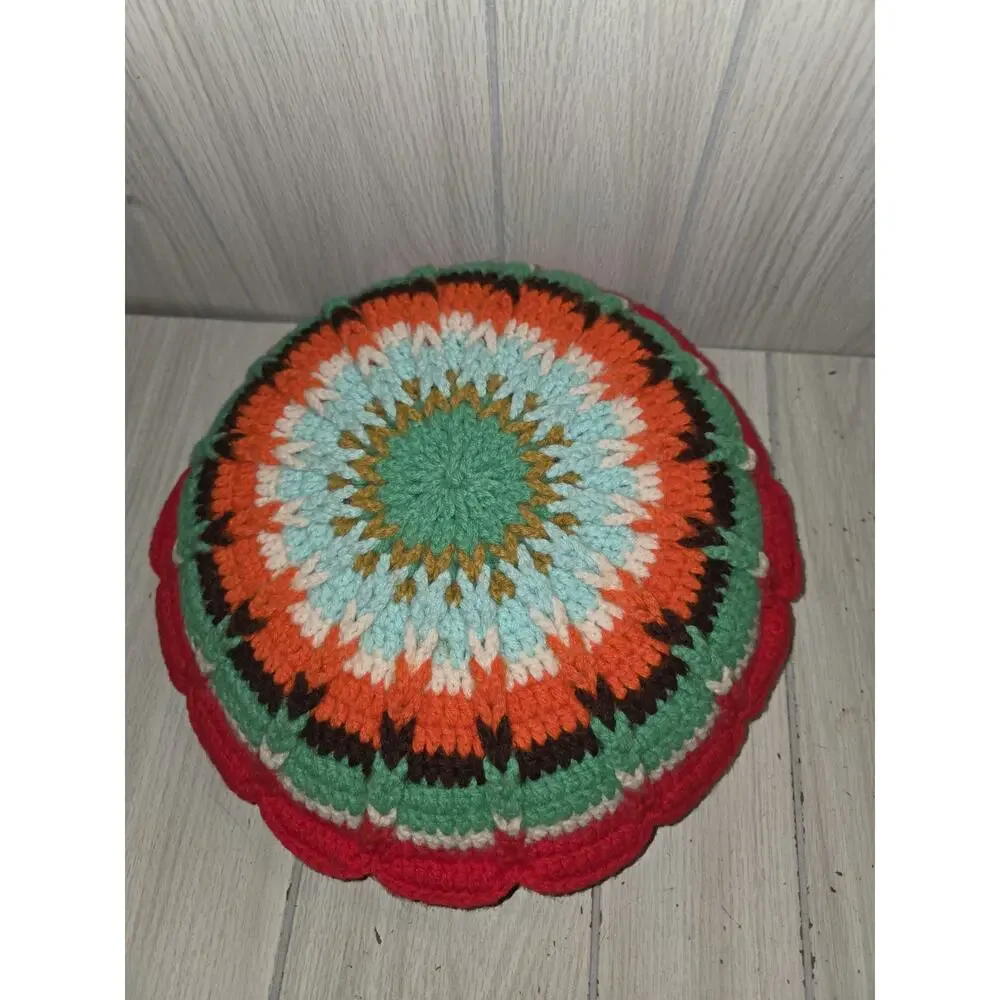 Vtg Hand Crochet Double Sided Scalloped Granny Round Muti Color Throw Pillow 11